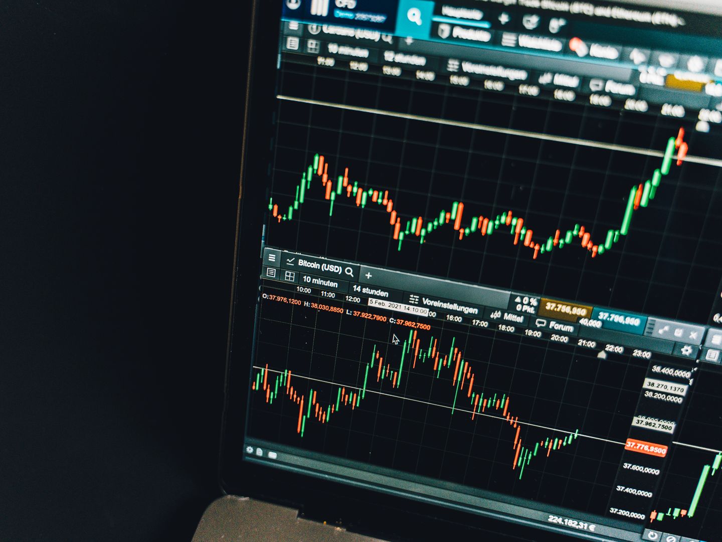 Close up of a live cryptocurrency trading chart screen displaying dynamic market trends and analysis.