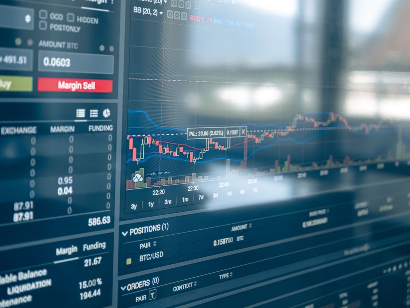 Close up of a digital screen displaying stock trading graphs and cryptocurrency values. Ideal for finance and technology themes.